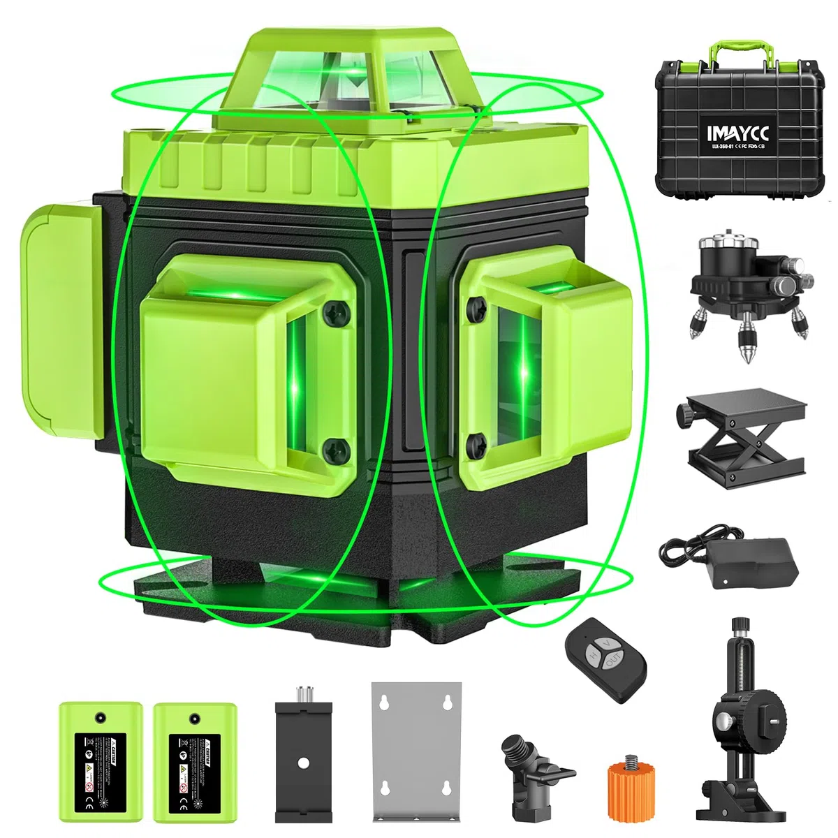 IMAYCC Livella Laser Autolivellante 16 Linee 4D X 360 Verde Luminosità Regolabile con Modalità Manuale e a Impulsi per Interni ed Esterni, 2xBatteria, Telecomando, Caricatore e Così Via