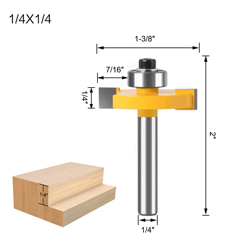 Set di punte per rabbet con gambo da 1/4", 3 pezzi con 6 cuscinetti (1/8", 1/4", 5/16", 3/8", 7/16", 7/16", 1/2" cuscinetti)