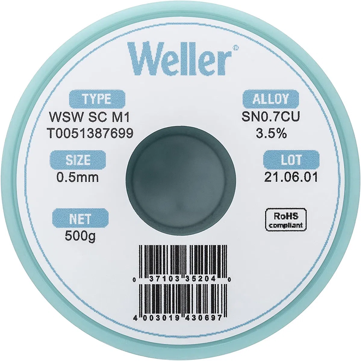 Weller WSW SC M1 (T0051387699) Filo Saldante, Ø 0.5mm, 500g, Lega Sn99.3Cu0.7, Contenuto di Fondente 3,5%