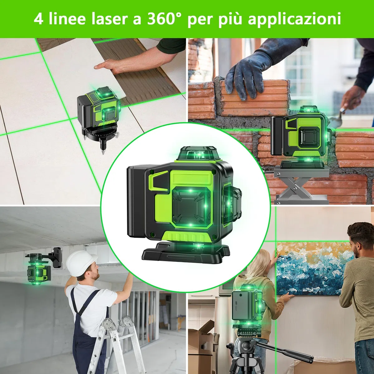 Livella Laser Autolivellante 16 Linee, 4 X 360 °Livello Laser Autolivellante Verde, 2 x Batterie, Autolivellante, Supporto Rotante, Telecomando Cabina di Rilevamento (con Treppiede)