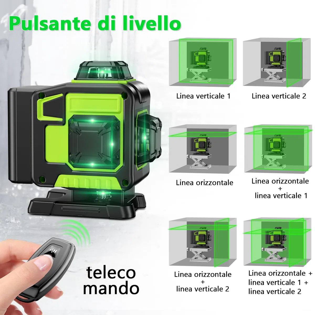 Livella Laser Autolivellante 16 Linee, 4 X 360 °Livello Laser Autolivellante Verde, 2 x Batterie, Autolivellante, Supporto Rotante, Telecomando Cabina di Rilevamento (con Treppiede)