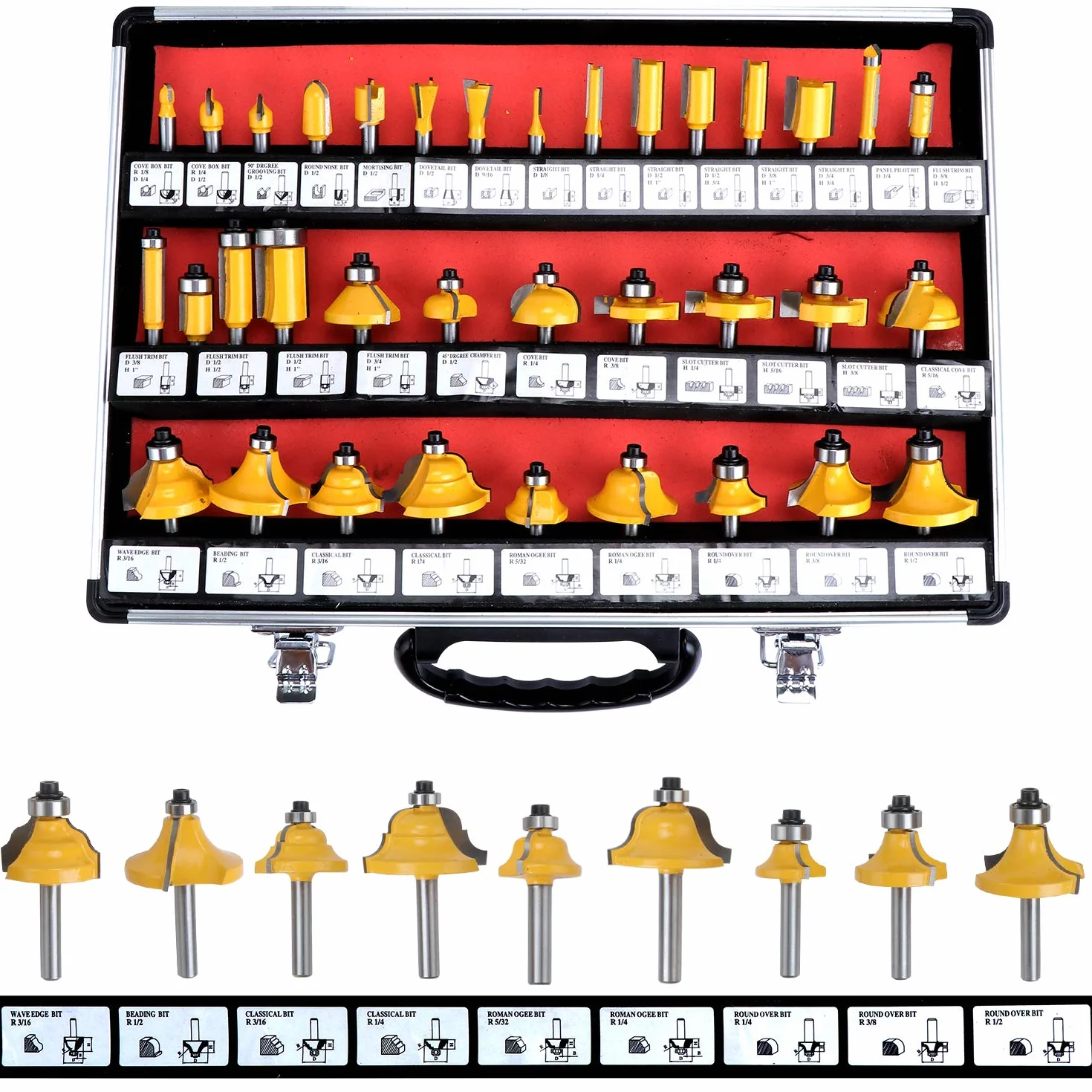 HSEAMALL 35PCS Set di punte per router con punta in carburo di tungsteno,Gambo da 6,35 mm 1/4 pollici Set di bit del router TCT，Taglierine per router a legna,Set Frese per Legno