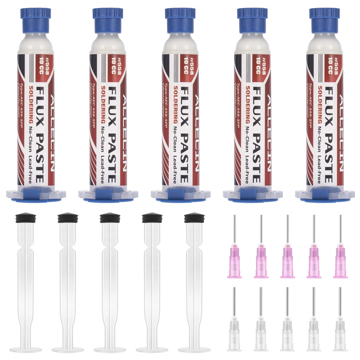 5 Pezzi 10mL Flussanti per Saldatura Senza Piombo 10CC Solder Flux Paste No Clean Flussante Flusso per Pasta Saldante alla Colofonia AEC-558 con Asta di Spinta e Ago per PCB SMD BGA