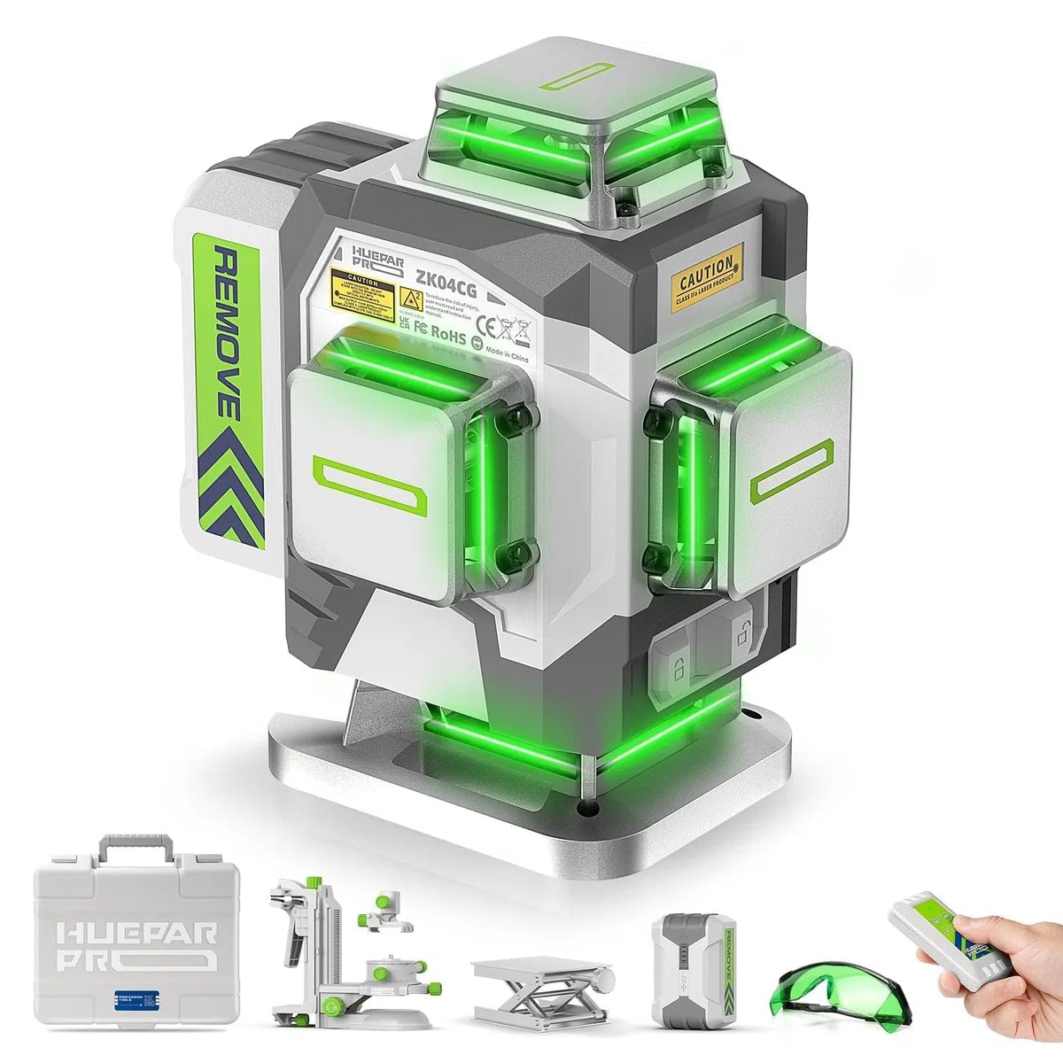Huepar Pro Livella Laser Autolivellante Professionale 16 Linee, 4 X 360° Livello Laser Verde, Preciso Con Batteria agli Ioni di Litio da 8000mAh, Supporto Multifunzione e Custodia Rigida ZK04CG