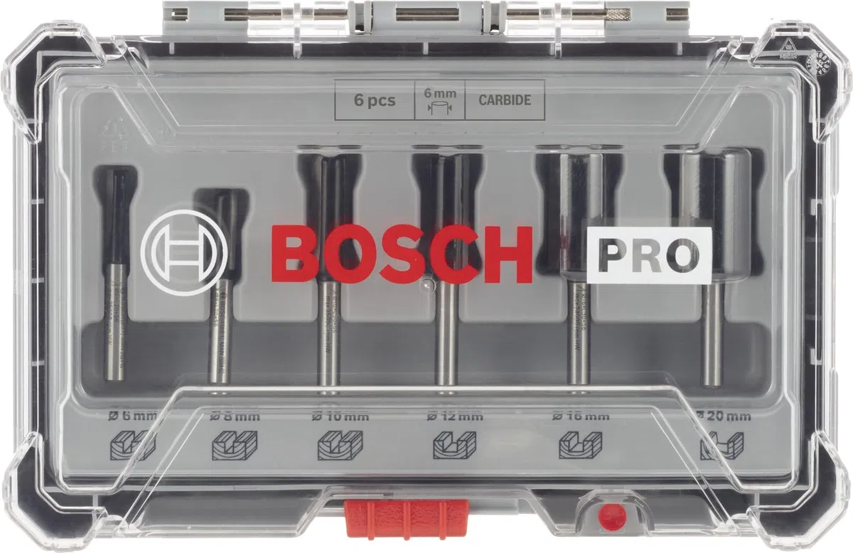 Bosch 6x Set di punte per fresa PRO diritte, 6 pz (per Legno tenero, Legno duro, Ø 6, 8, 10, 12, 16, 20 mm, Professional Accessorio Fresatrice portatile, Rifilatore)