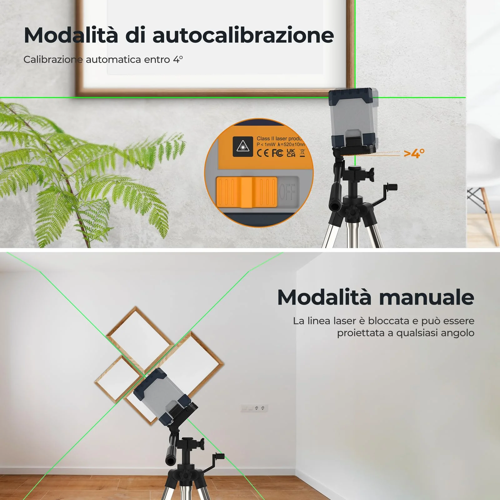 Livella Laser, CIGMAN G02 Cross Livello Laser Autolivellante a Raggio Verde Laser Orizzontale e Verticale a Linee Incrociate per la cantieri, interni, DIY.(Batteria Inclusa)