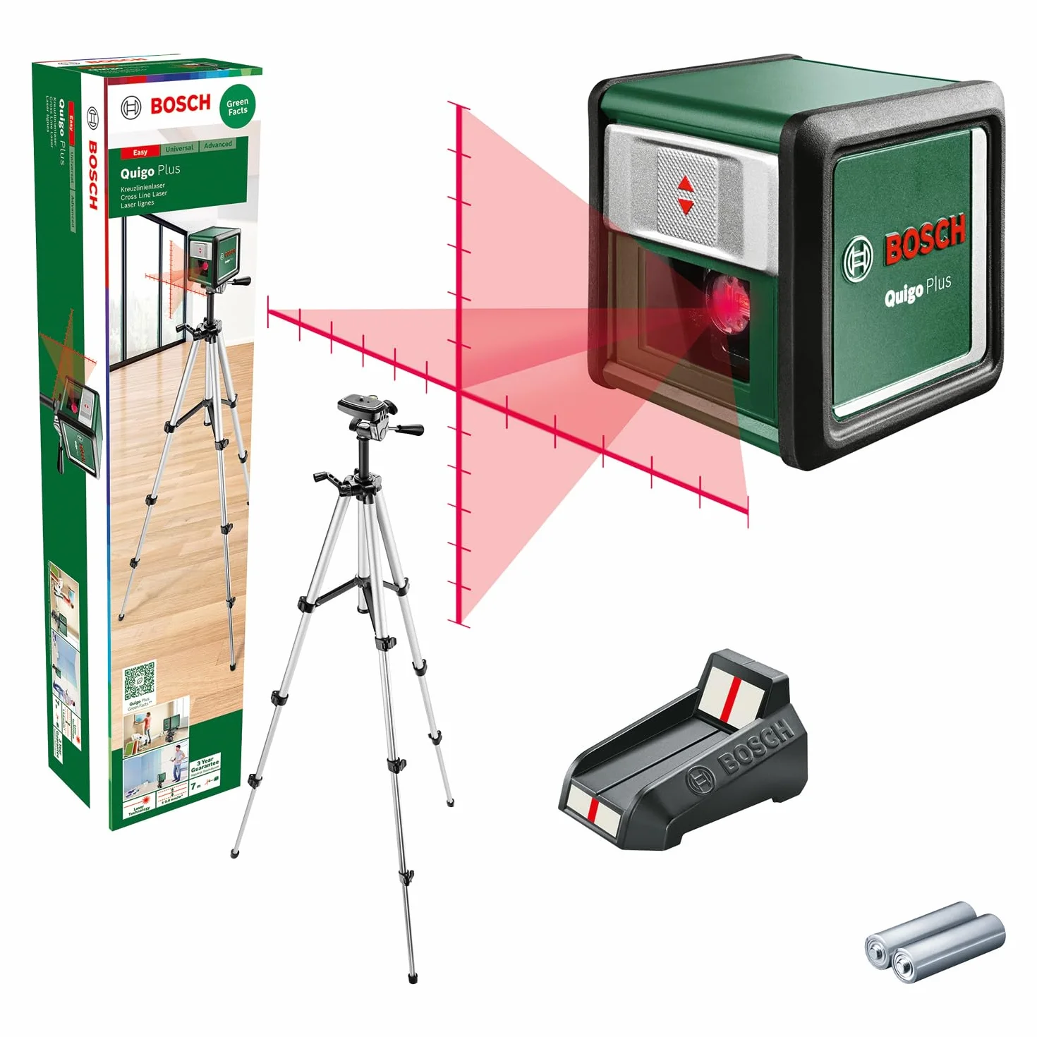 Bosch livella laser a croce Quigo Plus con treppiede (allineamento semplice a distanze uguali e variabili grazie alle marcature sulle linee, in cartone)