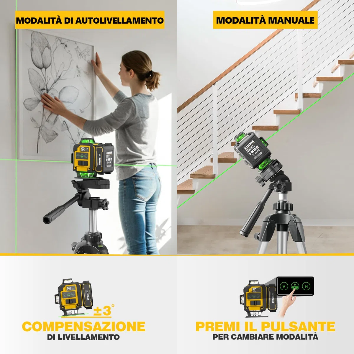 Alloyman Livella Laser Autolivellante 16 Linee con treppiede, Laser a linee incrociate a 4x360 gradi, 4D verde, laser a croce con 2 batterie ricaricabili, IP54, per fai da te, lavori interni e