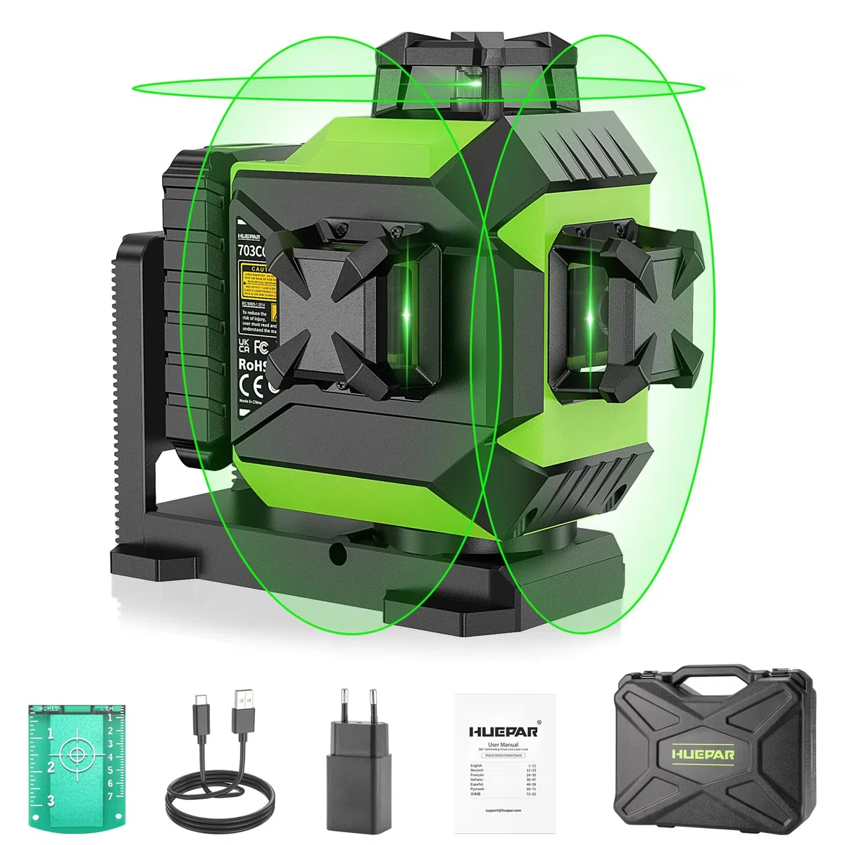 Huepar Livella Laser Autolivellante 12 Linee,3 x 360° Livello Laser Verd,3D Autolivellante,Batteria al Litio Ricaricabile,Supporto Rotante Magnetico, Luminosità Regolabile