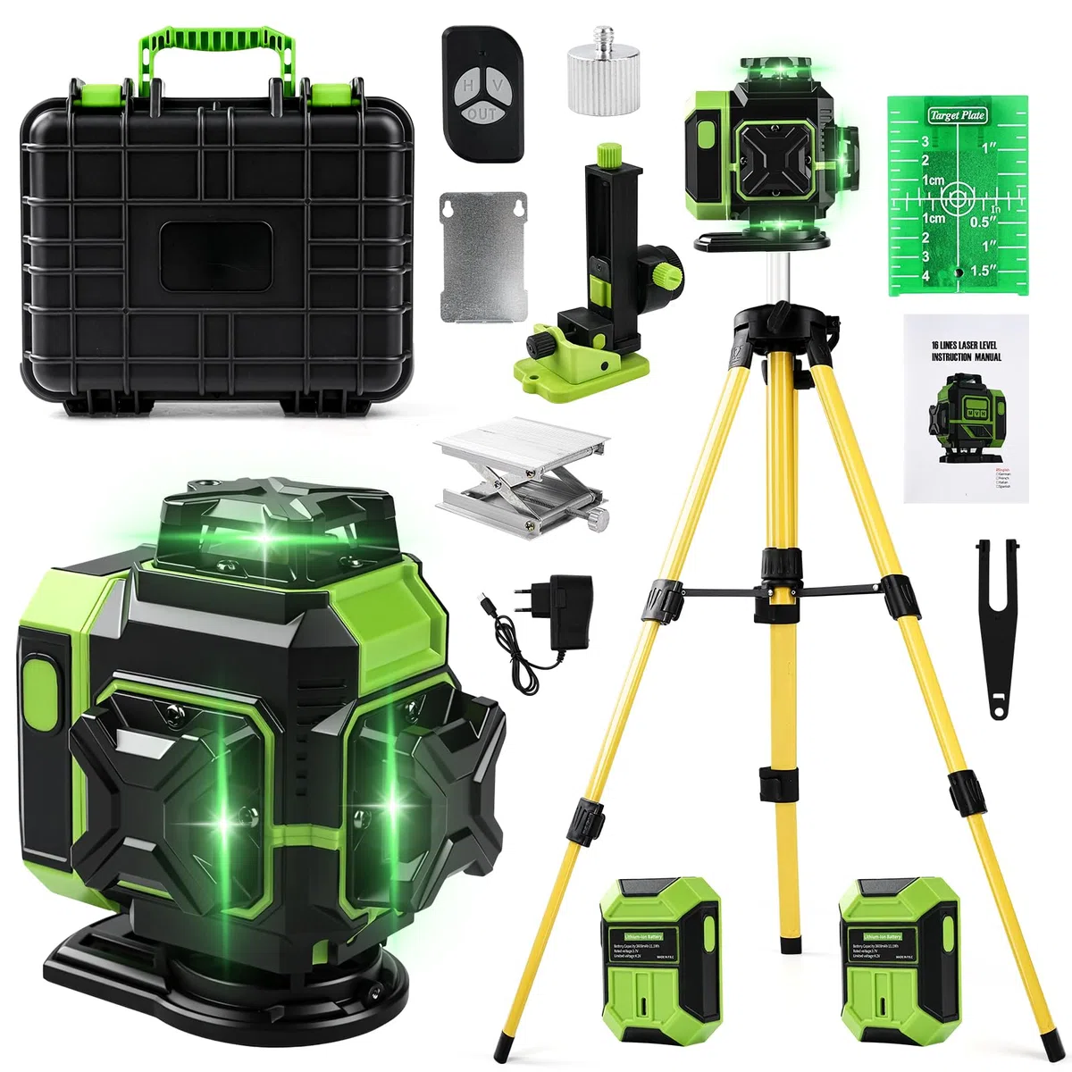 Livella Laser Autolivellante, 16 Lines 4 x360° Livella Laser Verde Potente con Treppiede Telescopico, 4D livella Laser a Linee Incrociate Dispositivo di Livellament, 3600mAh x 2 Batteria