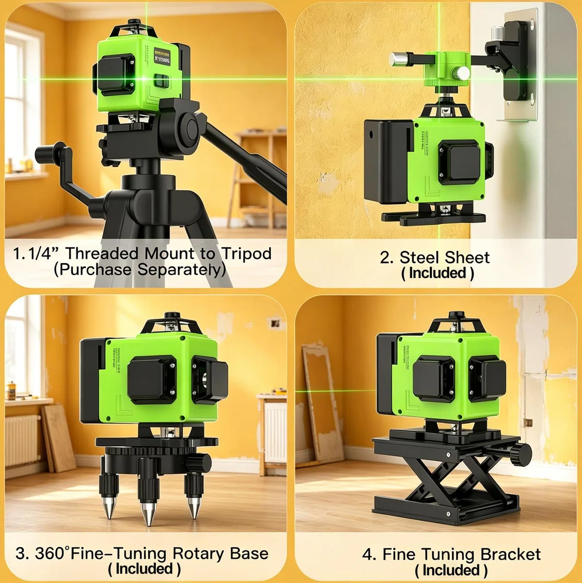 Livella Laser Autolivellante 16 Linee, 4 X 360 °Livello Laser Autolivellante Verde, 2 x Batterie, Autolivellante, Supporto rotante, Telecomando Cabina di rilevamento