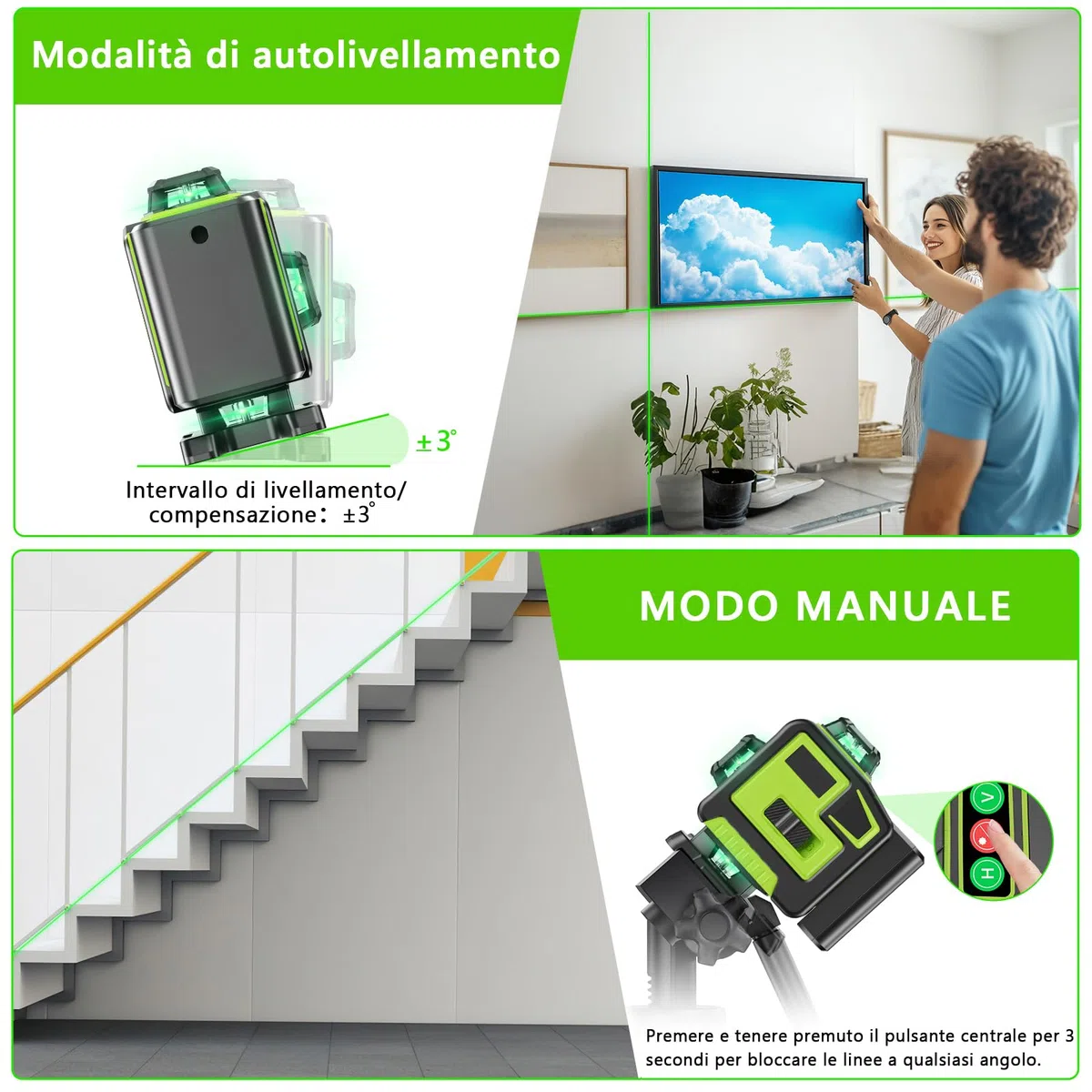 Livella Laser Autolivellante 16 Linee, 4 X 360 °Livello Laser Autolivellante Verde, 2 x Batterie, Autolivellante, Supporto Rotante, Telecomando Cabina di Rilevamento (con Treppiede)