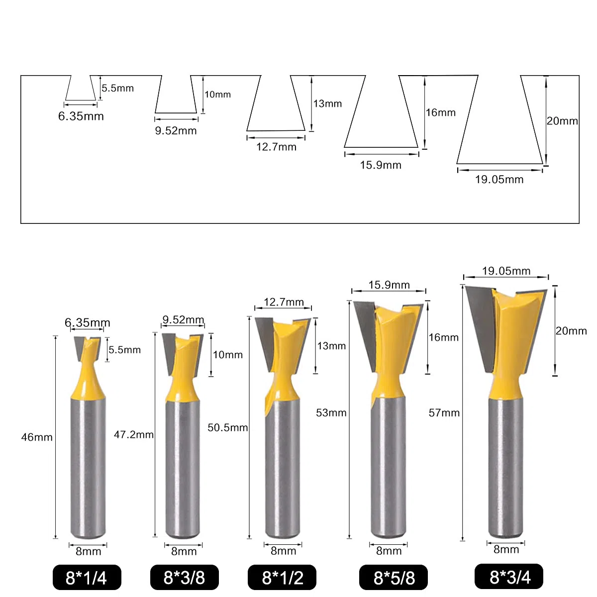 Set di 5 punte da 8 mm con codolo di rondine, per lavorazione del legno, per fresatura a coda di rondine, set di frese comuni [1/4" 1/2" 3/8" 5/8" 3/4"]