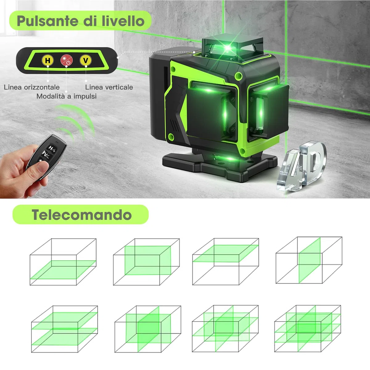 Livella Laser Autolivellante 16 Linee, 4 X 360 °Livello Laser Autolivellante Verde, 2 x Batterie, Autolivellante, Supporto rotante, Telecomando Cabina di rilevamento