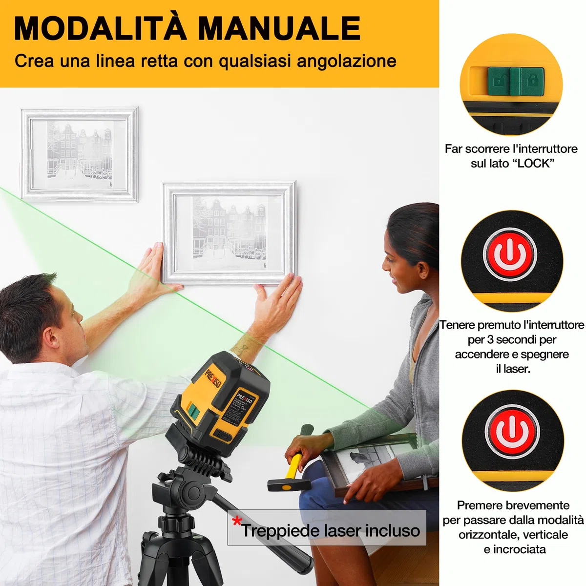 PREXISO Laser a Linee, Livella a Linea Laser, Livella Autolivellante, Laser a Linea Verticale/Orizzontale, Laser Verde con 3 Modalità, Livella Laser Professionale con Supporto Magnetico e Treppiede
