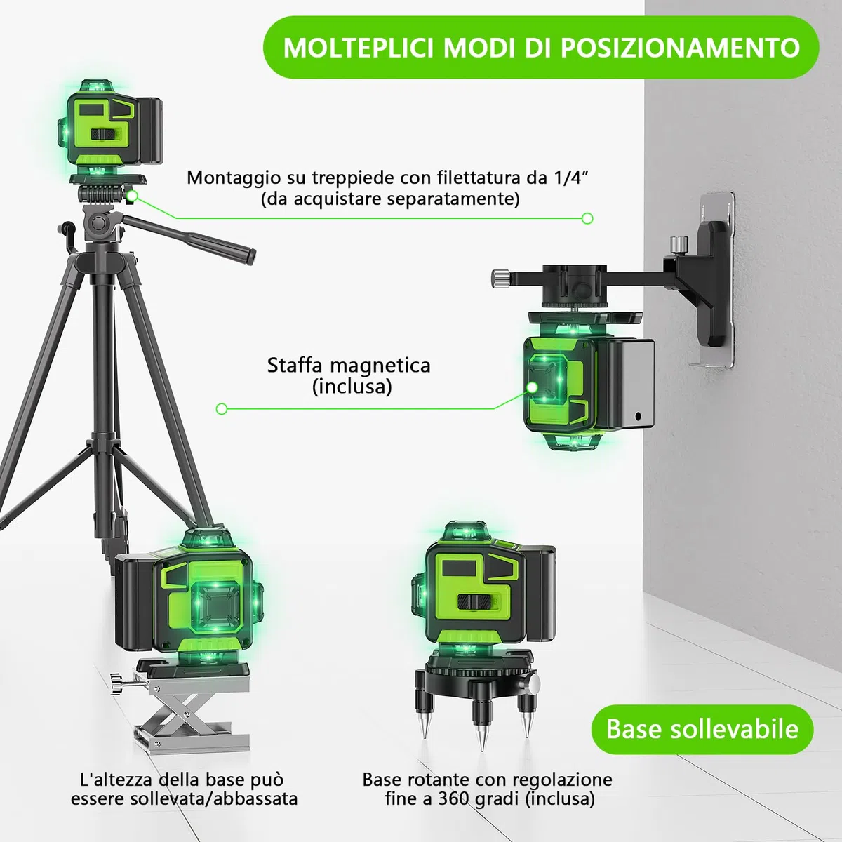 Livella Laser Autolivellante 16 Linee, 4 X 360 °Livello Laser Autolivellante Verde, 2 x Batterie, Autolivellante, Supporto Rotante, Telecomando Cabina di Rilevamento (con Treppiede)