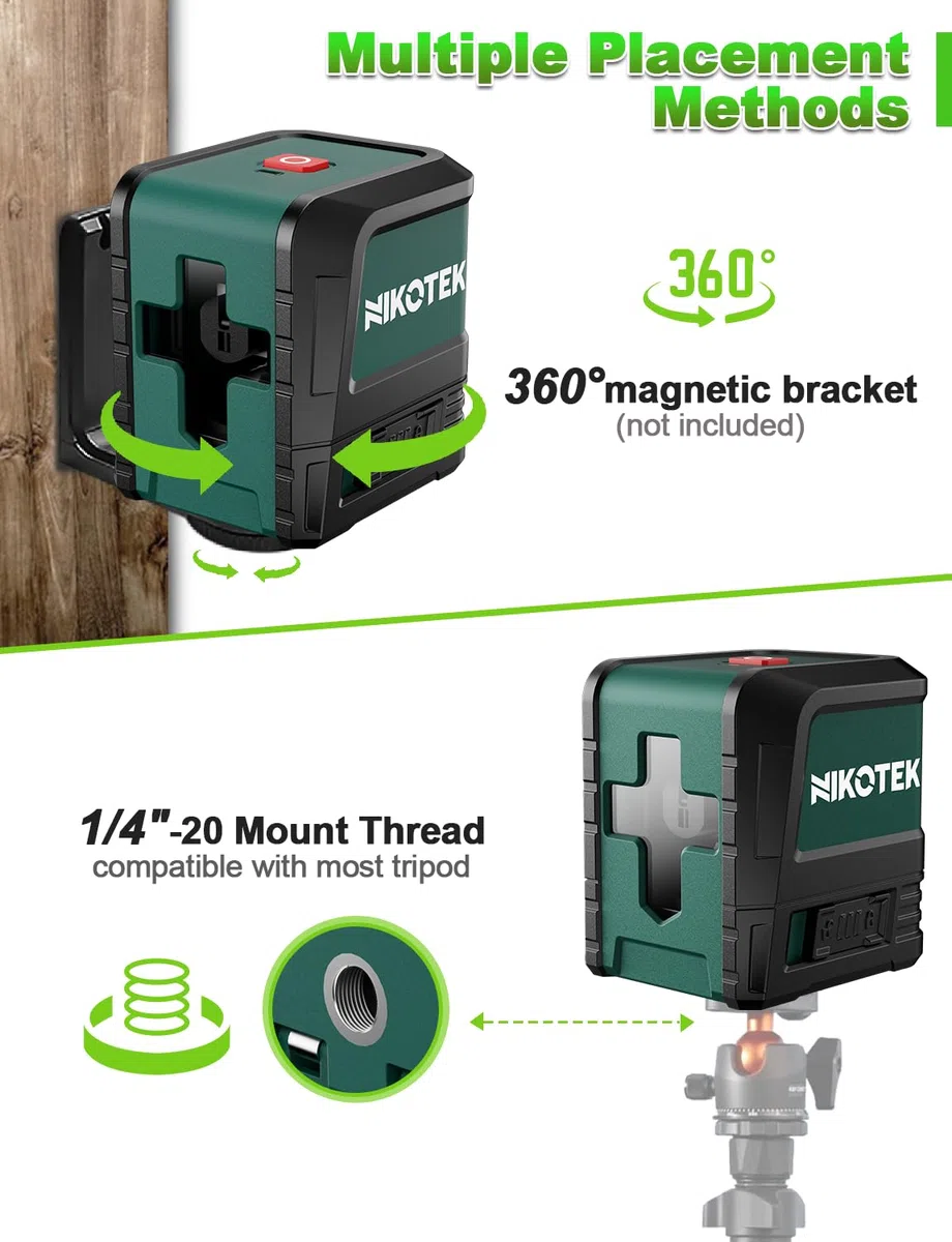 Livella Laser Autolivellante,NIKOTEK Livella Laser a Raggio Verde Laser Orizzontale e Verticale a Linee Incrociate per la Decorazione Domestica Custodia per il Trasporto(Batteria Inclusa)