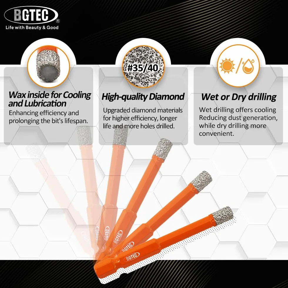 BGTEC Punte Elicoidali Diamantate a Secco con Attacco Esagonale a Cambio Rapido per Gres Porcellanato Mattone in Marmo Ceramico 2 pezzi Diametro 6 mm