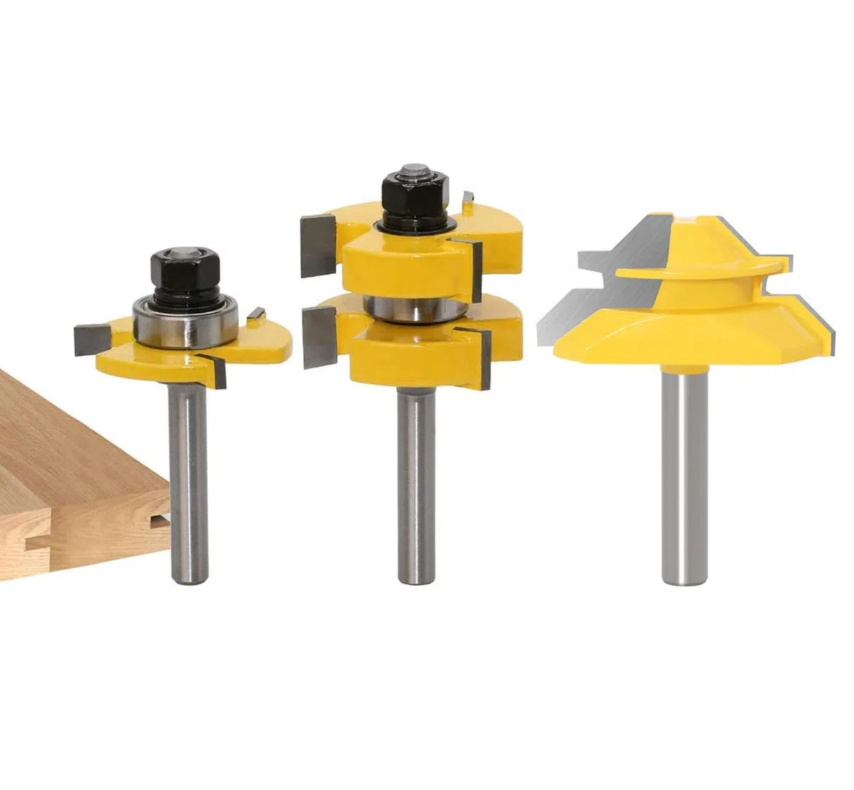 Router Bit Set [3 Pezzi], APLUS 8mm Fresa per Tagli a 45 Gradi + Frese per Linguette e Scanalature, Strumenti di Lavorazione del Legno per La Casa e Fai da te