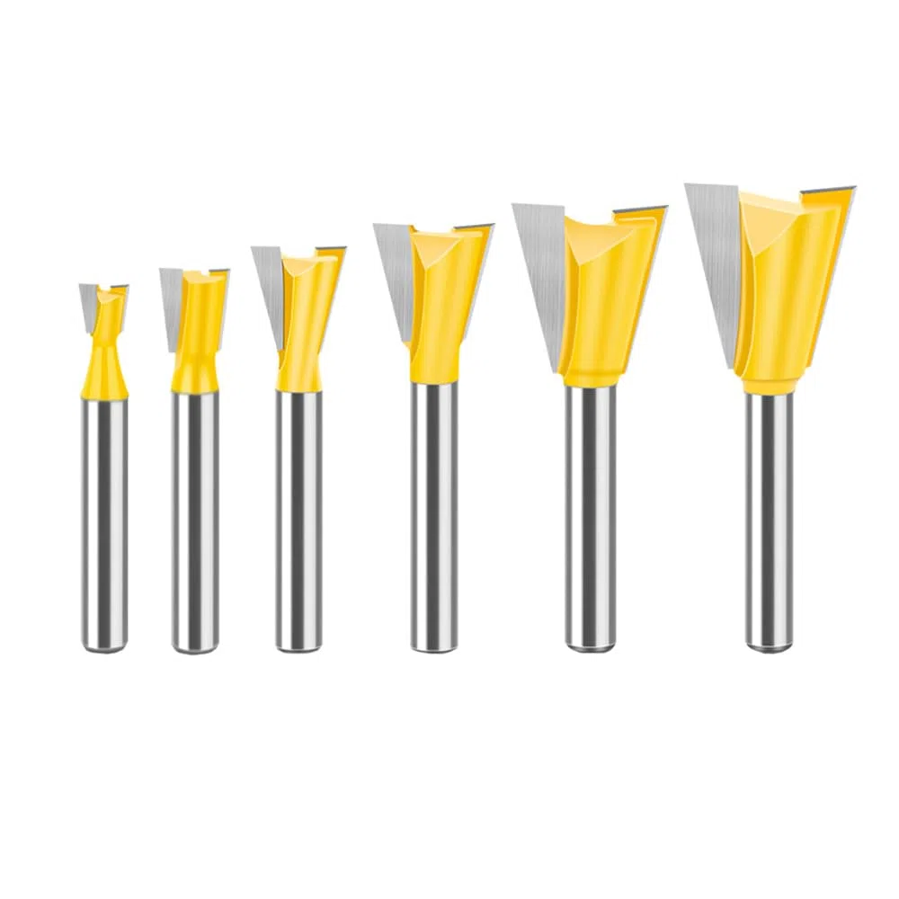 Set di 6 punte per fresa a coda di rondine, codolo da 1/4 di pollice, semi-cieco e a coda di rondine, per lavorazione del legno, utensili da 1/4", 3/8", 1/2", 5/8", 3/4", 7/8"