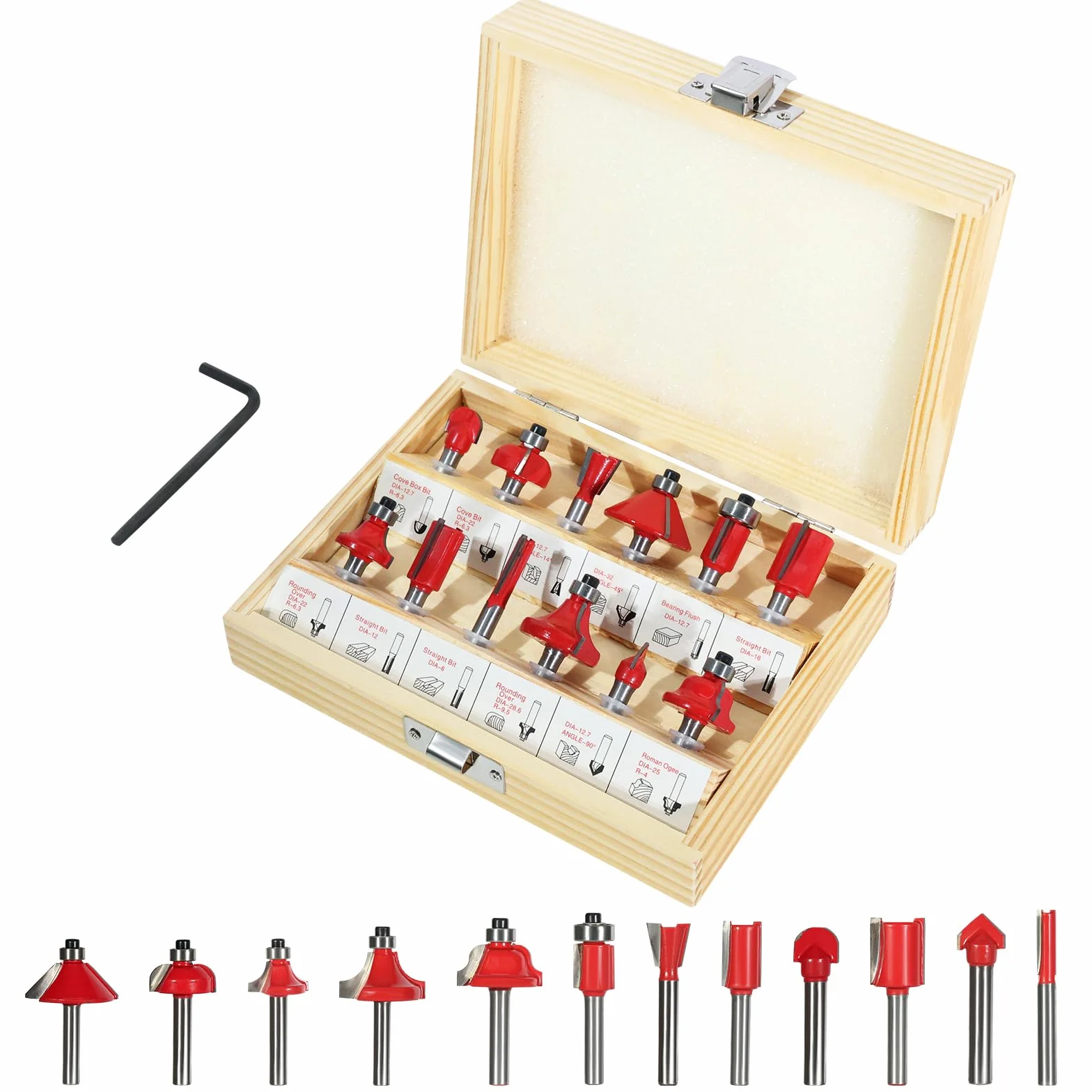 Set di 12 Frese in Carburo di Tungsteno per Fresatrice Verticale - Gambo da 6 mm | Cassetta in Legno per Punte da Fresa | Accessori Professionali per Lavorare Legno, MDF e Plastiche