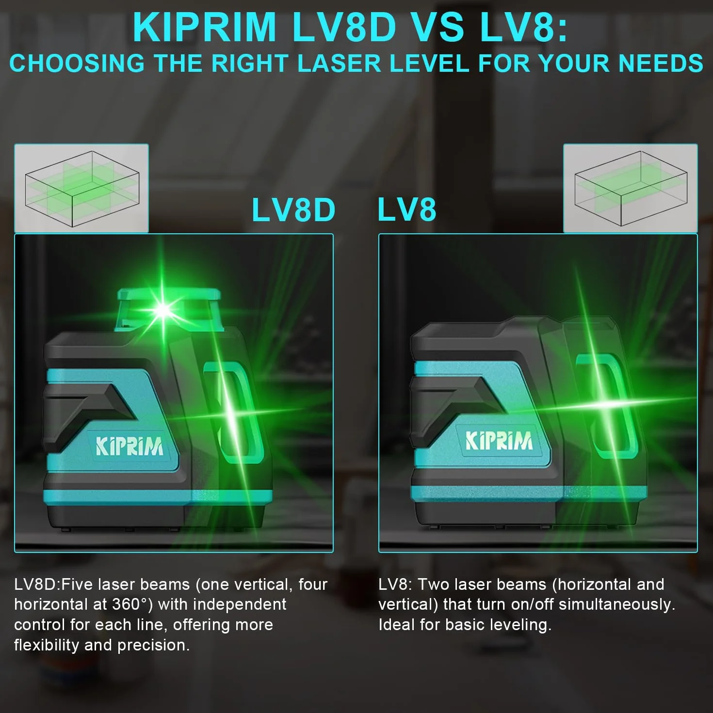 Livella Laser, Kiprim LV8D Laser Autolivellante a Raggio Verde Laser con Visibilità Migliorata, 5 Linee Laser, Modalità Manuale/Autolivellamento/Impulso(Batteria Inclusa)