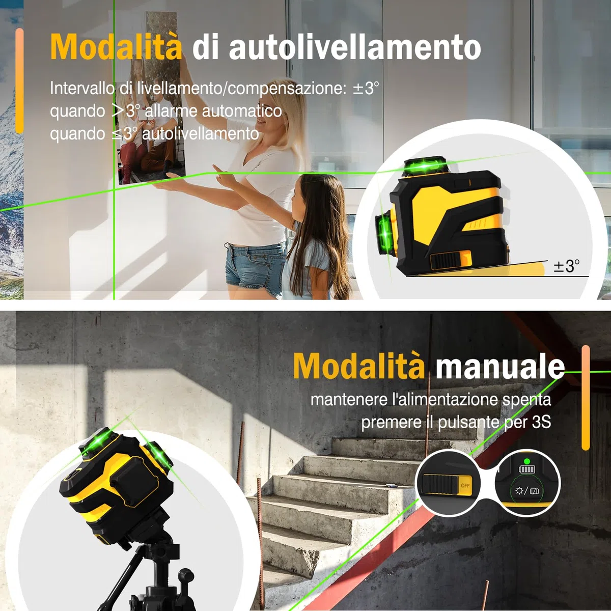 Livella Laser Autolivellante 3x360° Cross Livello Laser Verde Modulo Doppia Linea Verticale/Orizzontale, Laser 5200mAh Batteria al Litio e Staffa Girevole Magnetica,Telecomando