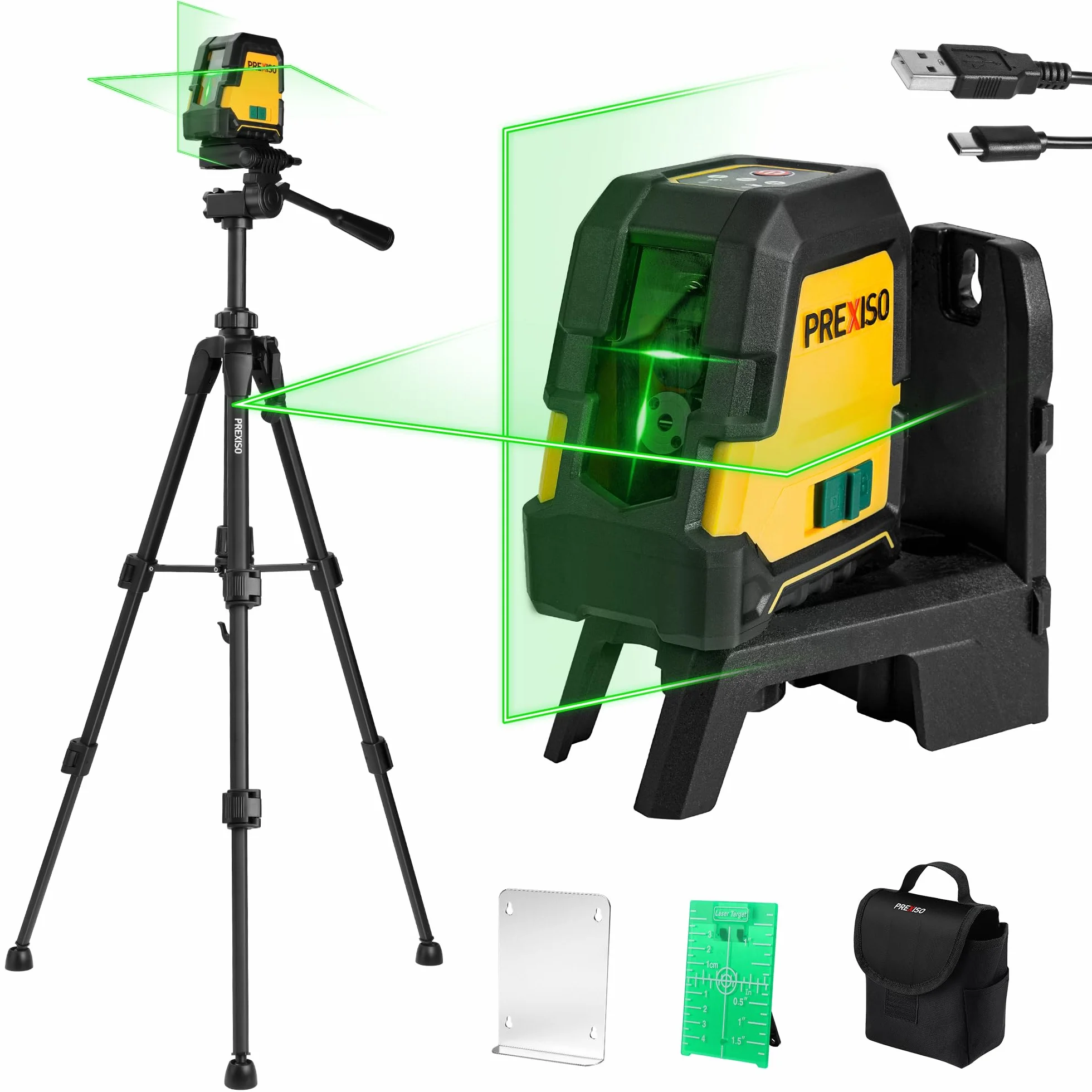 PREXISO Laser a Linee, Livella a Linea Laser, Livella Autolivellante, Laser a Linea Verticale/Orizzontale, Laser Verde con 3 Modalità, Livella Laser Professionale con Supporto Magnetico e Treppiede