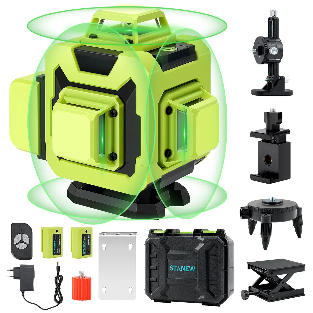 Stanew Livella Laser Autolivellante 4 X 360 °, Verde Livella Laser 16 Linee con Autolivellante IP54, 2 x 2400mAh Batterie, Autolivellante, Supporto rotante, Telecomando, Base Magnetica