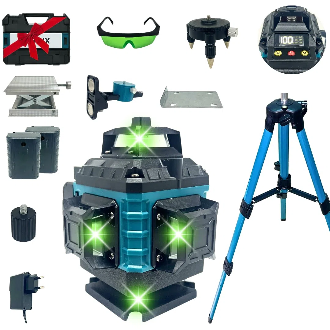 Livella Laser 16 Linee Verde 4x360° Dealix con Cavalletto 1 m, Staffa Magnetica, Base a 3 Punte – Kit Autolivellante Professionale per Edilizia, Cartongesso, Piastrellisti, Pareti, Controsoffitti