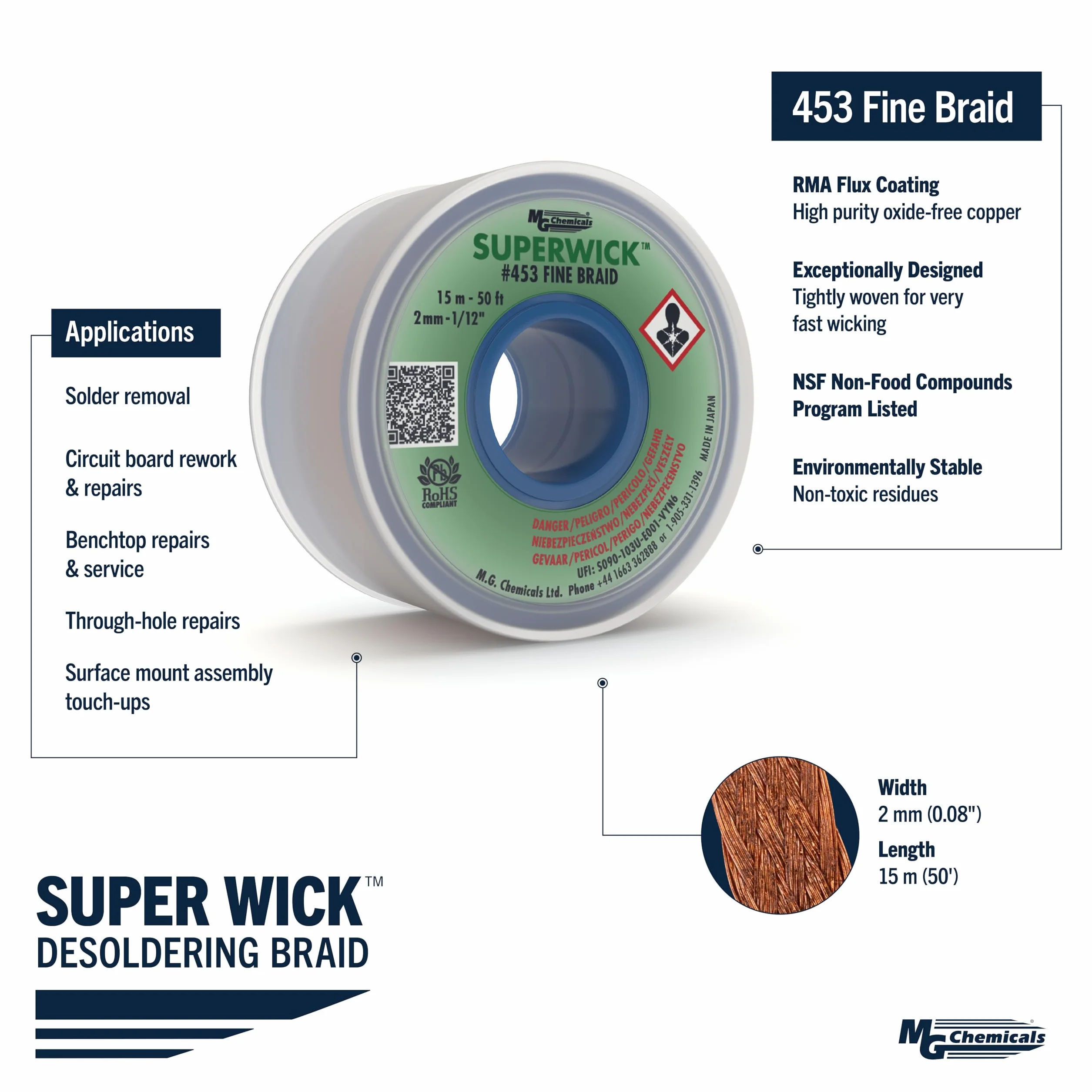 MG Chemicals 453 Treccia dissaldante n.3 treccia fine Super stoppino con flusso RMA, lunghezza 50 'x larghezza 0,075 ", verde