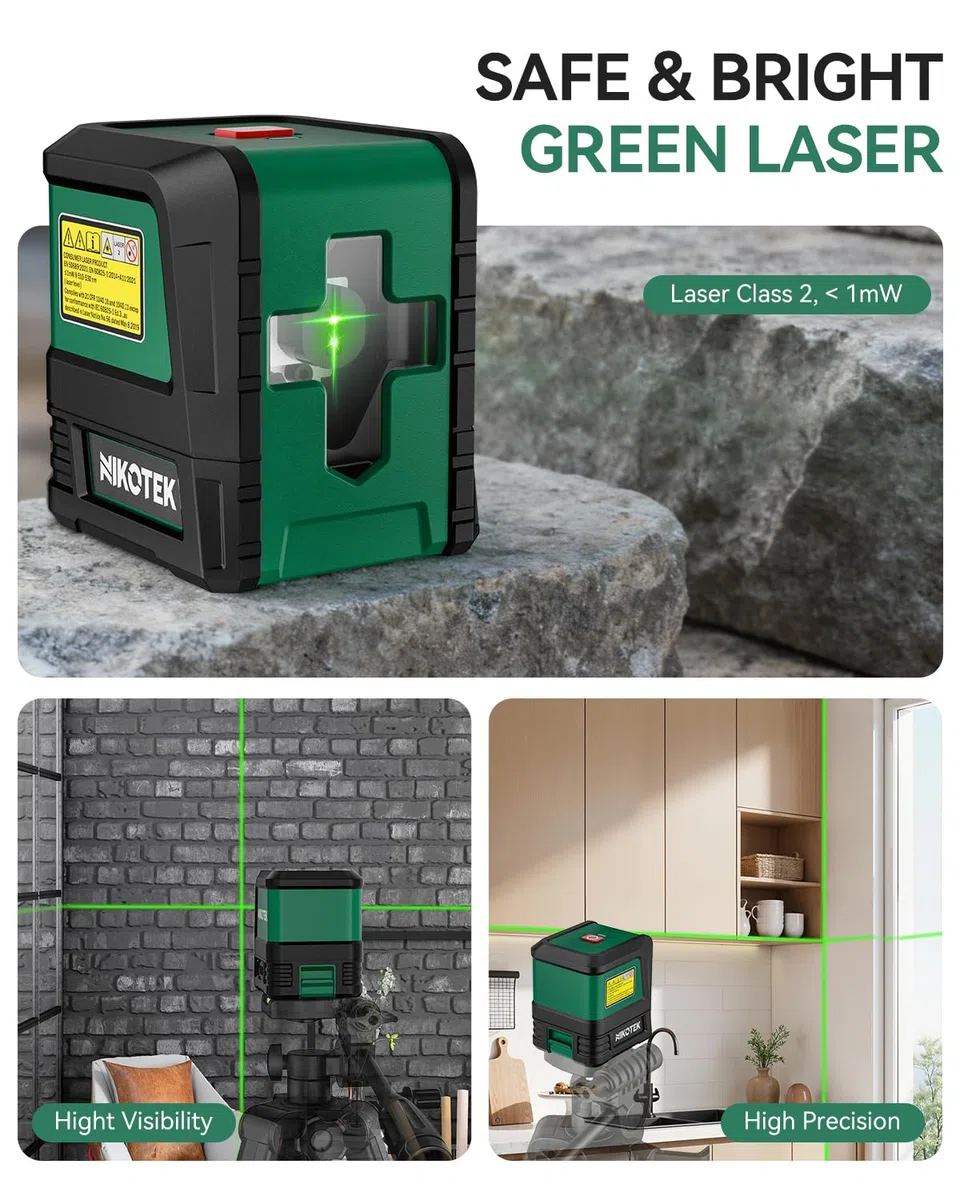 Livella Laser Autolivellante,NIKOTEK Livella Laser a Raggio Verde Laser Orizzontale e Verticale a Linee Incrociate per la Decorazione Domestica Custodia per il Trasporto(Batteria Inclusa)