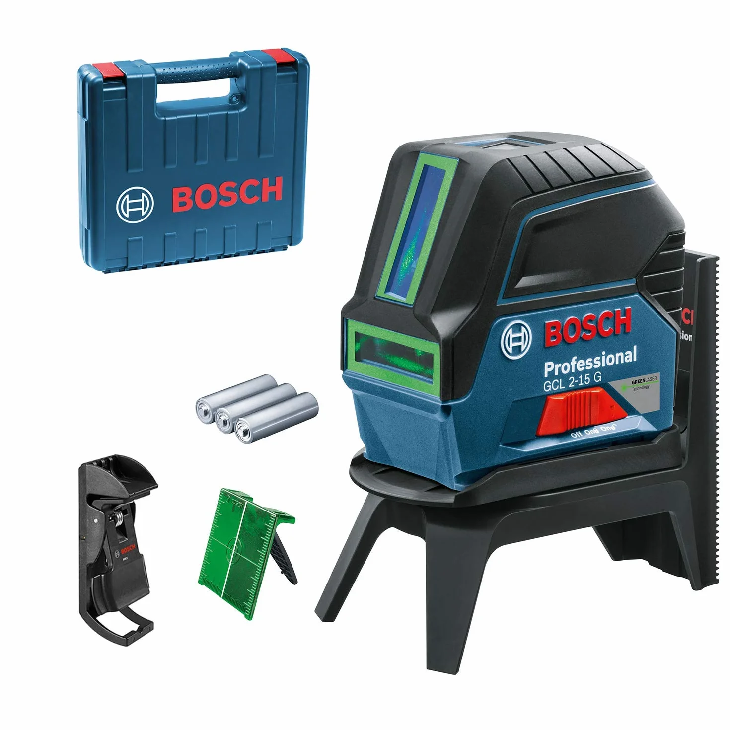 Bosch Professional Livella laser multifunzione GCL 2-15 G (laser verde, da interno, punti a piombo, 15 m, 3 pile a stilo da 1,5 V, supporto ruotabile RM 1, pannello di mira per laser, valigetta)