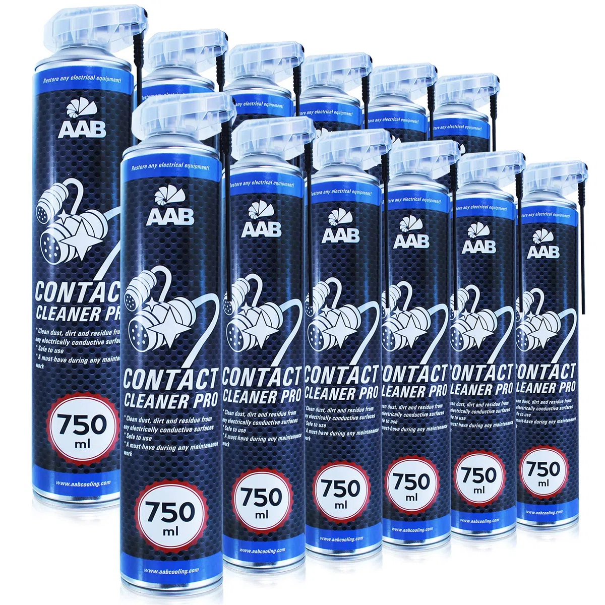 AAB Contact Cleaner PRO 750ml - Set di 12 Pezzi - Detergente per Contatti Elettrici – Spray Saldatura, Spray Elettrico, Antiossidante Circuito Elettrico, Vernice Spray Elettrico, Condensa Grassi