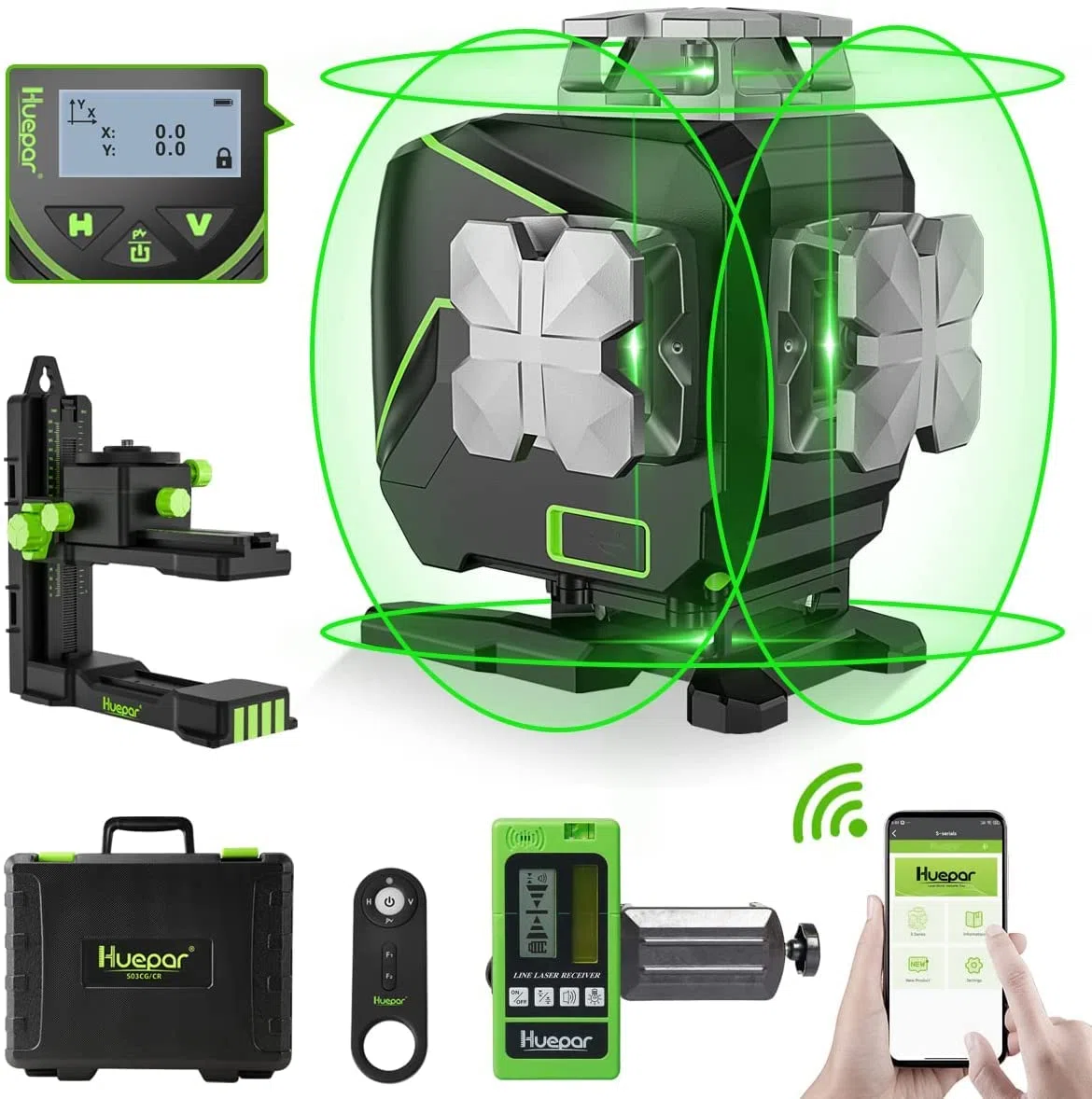 Huepar Livella Laser Autolivellante a 16 Linee Laser a Linea Trasversale 4x360° con Ricevitore - Schermo LCD, Laser per Pavimento per Piastrelle a Raggio Verde Bluetooth 4D S04-5RG