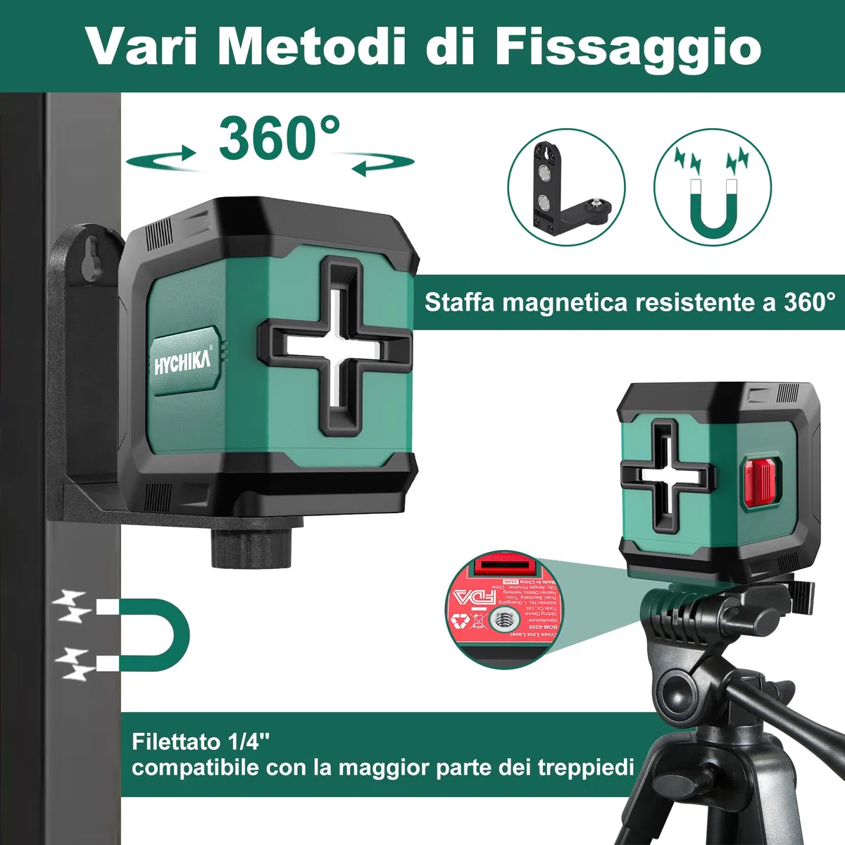 HYCHIKA Livella Laser Autolivellante, Livella Laser Verde Regolabile con 3 Livelli di Luminosità, Livello Laser 15M con Magnetica Supporto, 2 Batterie AA, Uso Interno ed Esterno