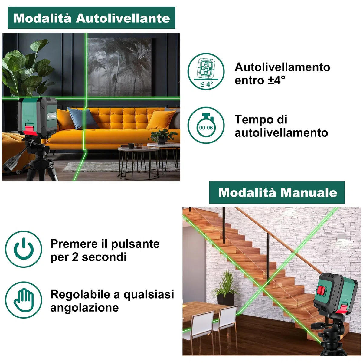 HYCHIKA Livella Laser Autolivellante, Livella Laser Verde Regolabile con 3 Livelli di Luminosità, Livello Laser 15M con Magnetica Supporto, 2 Batterie AA, Uso Interno ed Esterno