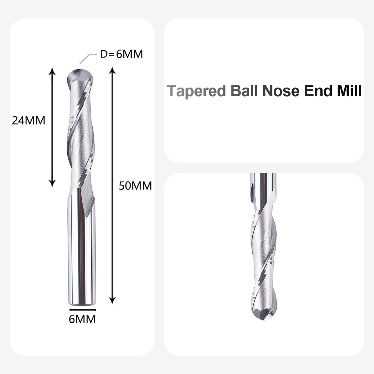 SpeTool Fresa con punta a sfera 6mm Diametro di taglio 6mm Gambo 24mm Lunghezza di taglio Doppio flauto Fresa in metallo duro integrale per incisione su intaglio per la lavorazione del legno fai da te