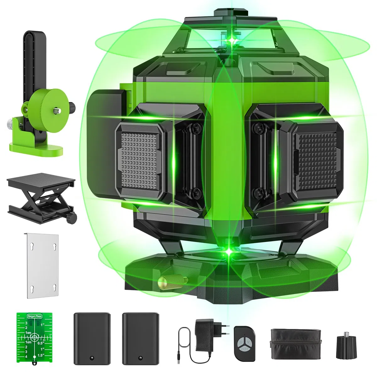 Livella Laser Verde 4 × 360° – 16 Linee, Autolivellante, Rotazione Manuale 360°, con 2 Batterie, Telecomando e Supporto Magnetico
