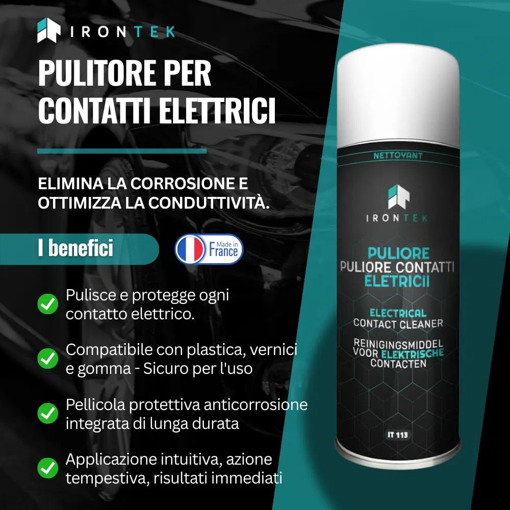 Spray Pulitore Contatti Elettrici - IRONTEK - 400ml | IT113 | Elimina Corrosione e umidità | Film Protettivo | Migliora Conduttività