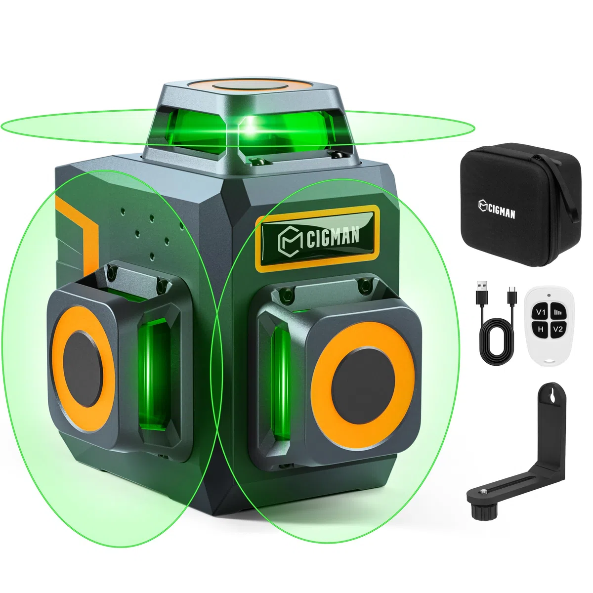 Livella Laser Autolivellante, CIGMAN 3 x 360° Verde, Gamma di Lavoro: 30M, Laser Autolivellante con Batteria al Litio Ricaricabile e telecomando, Luminosità Regolabile CM701SE