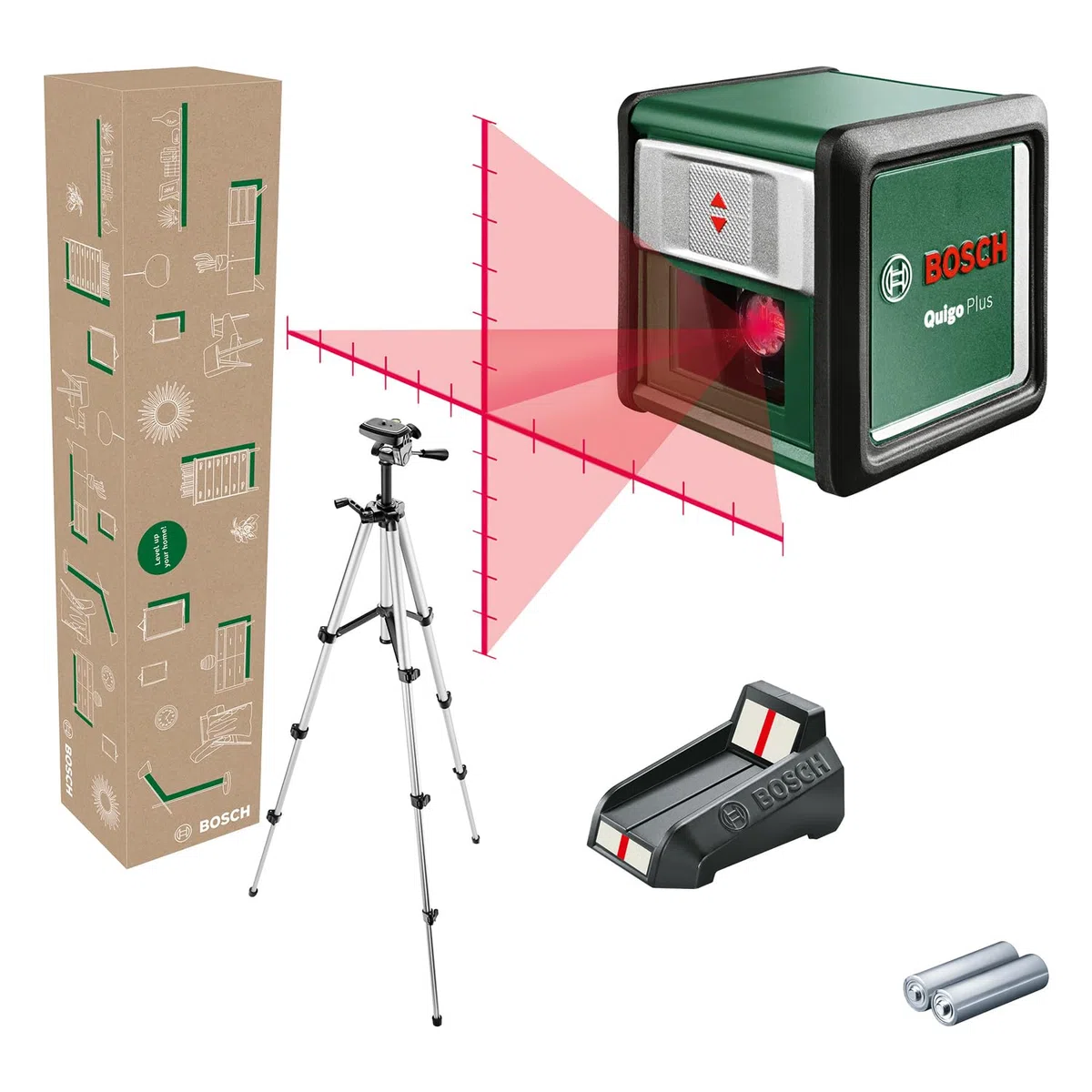 Bosch Home and Garden livella laser a croce Quigo Plus con treppiede allineamento semplice a distanze uguali e variabili grazie alle marcature sulle linee, in scatola di cartone E-Commerce