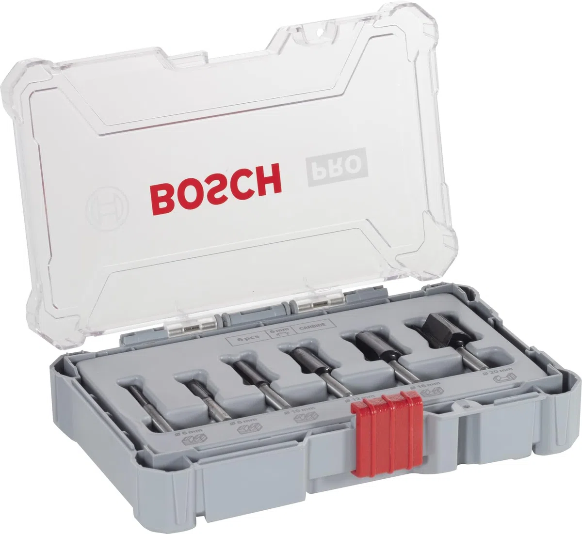 Bosch 6x Set di punte per fresa PRO diritte, 6 pz (per Legno tenero, Legno duro, Ø 6, 8, 10, 12, 16, 20 mm, Professional Accessorio Fresatrice portatile, Rifilatore)