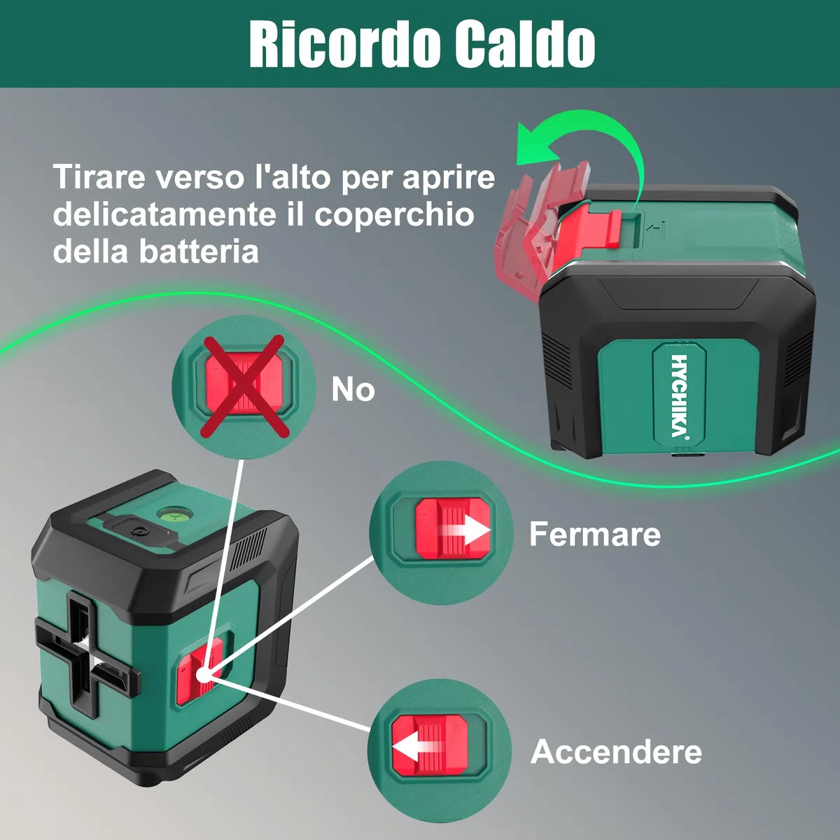 HYCHIKA Livella Laser Autolivellante, Livella Laser Verde Regolabile con 3 Livelli di Luminosità, Livello Laser 15M con Magnetica Supporto, 2 Batterie AA, Uso Interno ed Esterno
