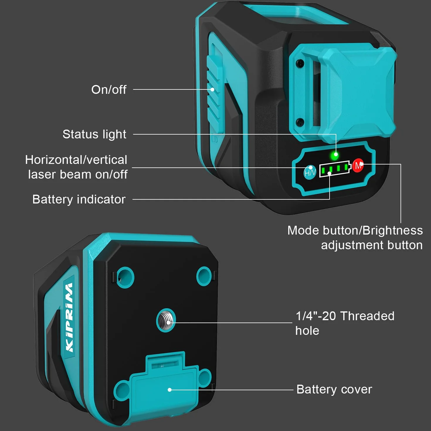 Livella Laser, Kiprim LV8D Laser Autolivellante a Raggio Verde Laser con Visibilità Migliorata, 5 Linee Laser, Modalità Manuale/Autolivellamento/Impulso(Batteria Inclusa)