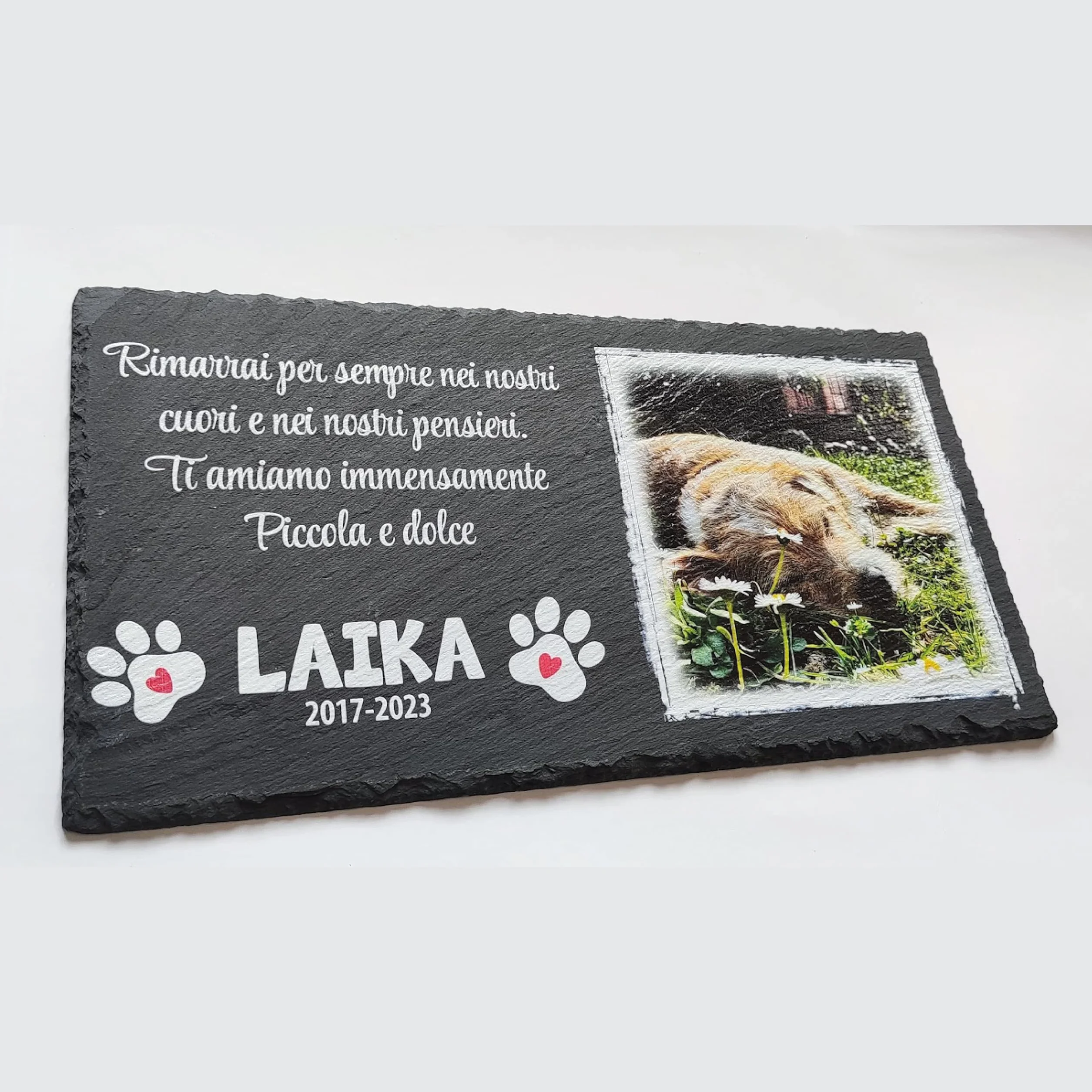Targa commemorativa per Cane e Gatto, Memoriale personalizzabile in pietra, Lapide cane personalizzata per esterno con foto del tuo animale domestico (Rettangolare 32x17cm)