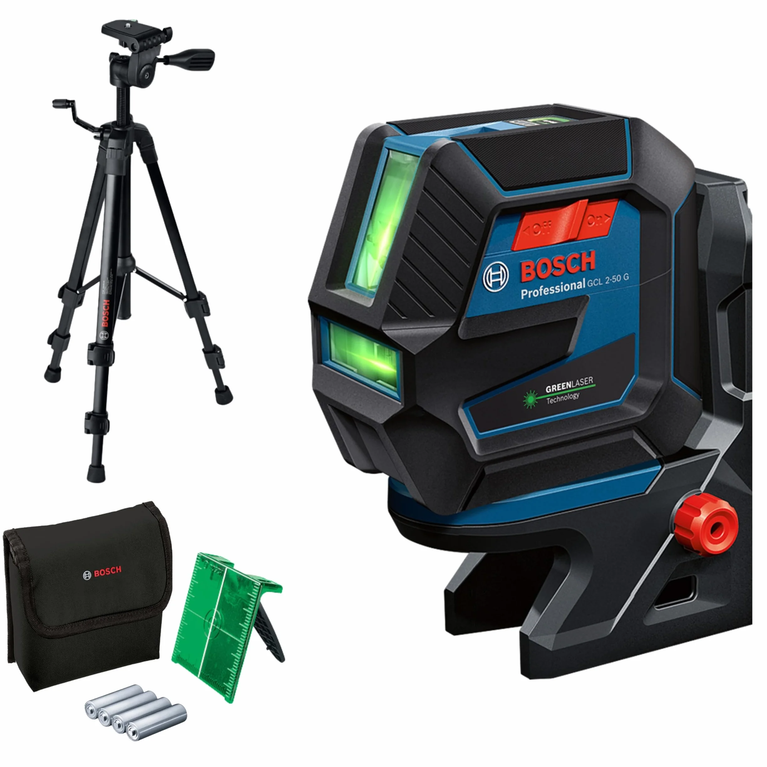 Bosch Professional Livella Laser GCL 2-50 G,laser verde, da interno, supporto RM 10, treppiedi BT 150, raggio d'azione visibile fino a 15 m, 4x batterie AA, confezione in cartone