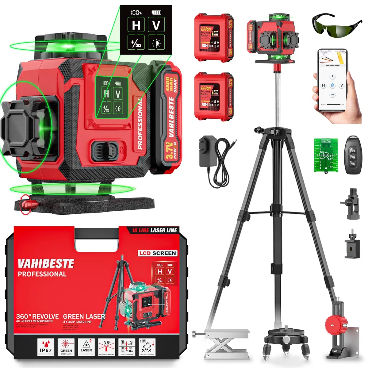Livella Laser con Treppiede,Livella Laser Autolivellante 360 con 2x4800mAh Batterie,4x360 °Livello Laser con Display LED,16 Linee Laser Verde/APP/Telecomando per l'edilizia/Appendere Quadri