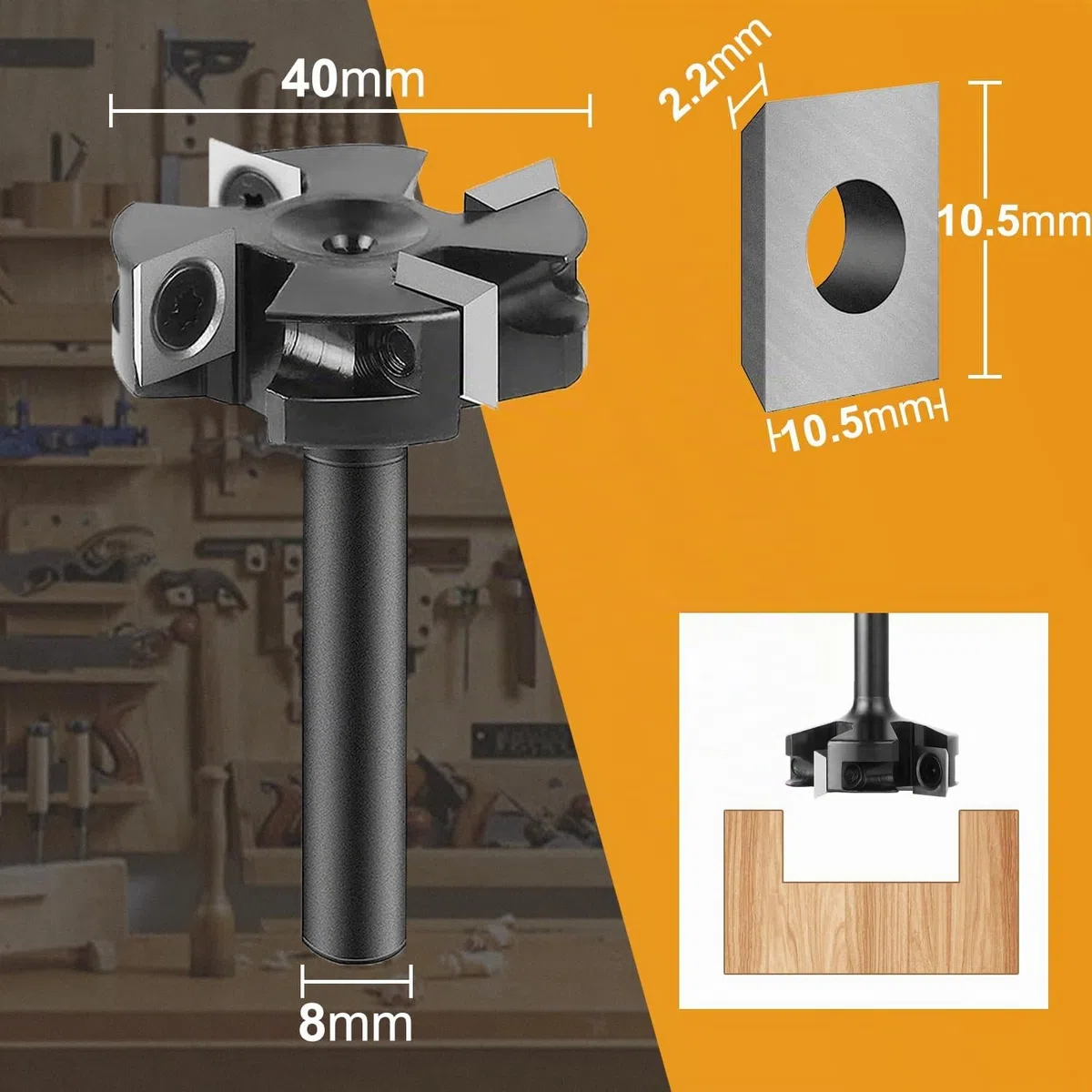 SpeTool Punta per fresa Spoilboard 8 mm, 40 mm, 4-ali, piallatura, lastre di legno