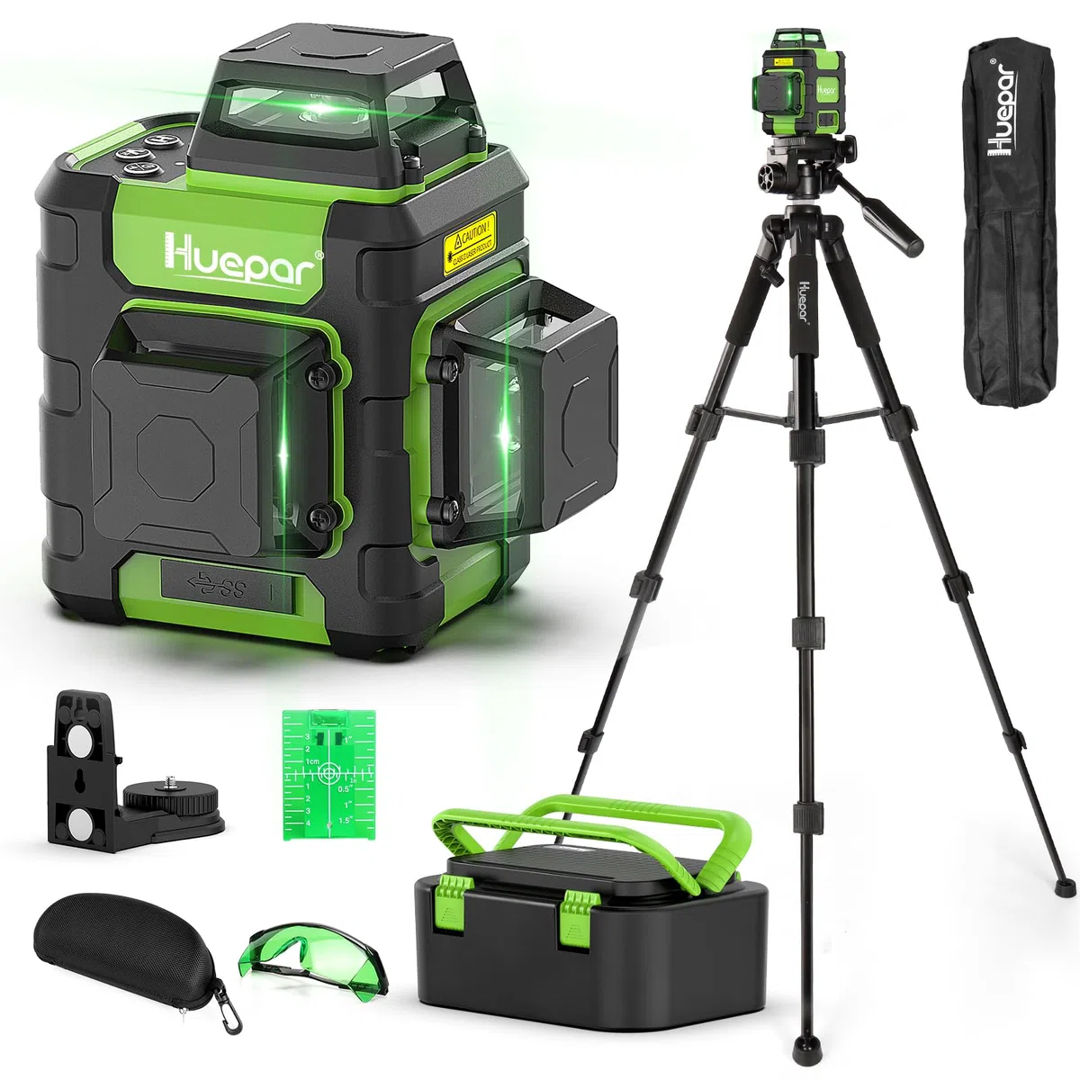 Livella Laser Autolivellante 3x360°,Huepar 45m Livello Laser Verde 12 Linee con 1,27M Treppiede, Base Magnetico, Modalità Impulso per esterni, 4000mAh Batteria al Litio, Custodia Rigida-HM03CGT